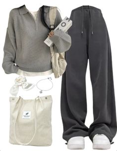 OOTD: Polo Collar Sweater +  Baggy Sweatpants + Logo Corduroy Tote Bag Fall Sweatpants Outfits, Sweater And Sweatpants Outfits, How To Dress Up Sweatpants, Sweater Outfits Aesthetic, Outfit With Sweatpants, All Grey Outfit, Outfits Middle School, Outfits Uniform, Polo Collar Sweater