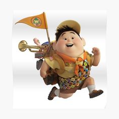 a cartoon character is flying through the air with a flag and trumpet in his hand