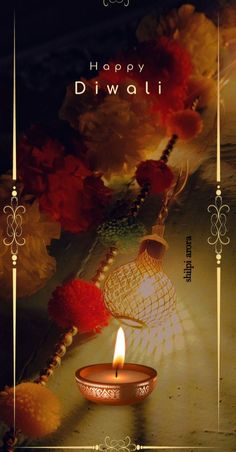 happy diwali greeting card with oil lamp and flowers