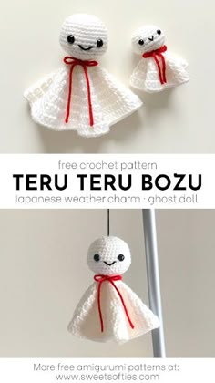 two crocheted dolls with red ribbons hanging from them, and the text overlay reads free crochet pattern teru teru bozu japanese weather charm ghost