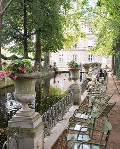 there are many chairs lined up by the water