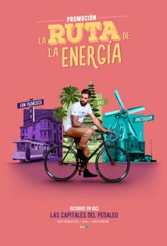 a man riding a bike in front of a pink background with the words, la ruta