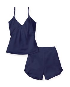 Experience opulent comfort with the Womens Silk Cami Short Set in Navy by Petite Plume. This hypoallergenic sleepwear features a smooth, shiny texture with a sleeveless V-neck top and matching shorts, ensuring a relaxed fit perfect for luxurious nights. Silk Camisole Sleepwear For Loungewear, Elegant Summer Sleepwear For Lounging, Silk Sleepwear For Summer Lounging, Elegant Summer Pajama Shorts, Silk Camisole Loungewear, Elegant Satin Pajama Shorts For Loungewear, Chic Satin Finish Sleepwear, Elegant Night Sets For Summer, Elegant Summer Night Sets