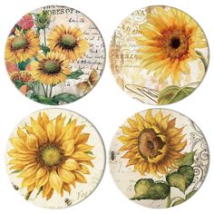 four yellow sunflowers are painted on plates