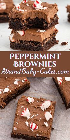 chocolate peppermint brownies are stacked on top of each other with candy canes