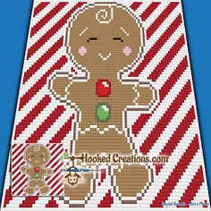 a cross stitch teddy bear on a red and white striped background with the words hooked creations