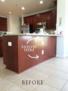 a kitchen with tile flooring and cabinets before and after remodeling on the island