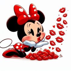 a cartoon minnie mouse with red lips and kisses coming out of her mouth on the ground