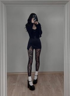 Goth Outfit Casual, How To Style Mary Jane Shoes, Outfit Ideas With Heels, Mary Jane Heels Outfit, Heels With Socks Outfit, Mary Jane Flats Outfit, Black Lace Tights, Lace Tights Outfit, Heels With Socks