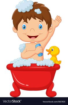 a little boy taking a bath with his rubber ducky in the tub eps file