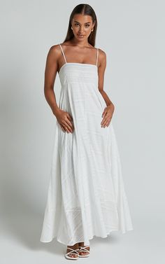 Noremi Midi Dress - Strappy Straight Neck A Line Dress in White | Showpo USA Outdoor Bridal Shower Outfit, White Long Dress Outfit, Straight White Dress, White Sun Dresses, Long White Sundress, Church Outfits Summer, Long White Summer Dress, White Long Dresses, Casual Church Outfits