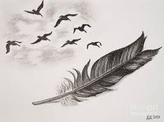 a drawing of a feather and birds flying in the sky