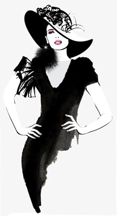 a black and white drawing of a woman wearing a hat