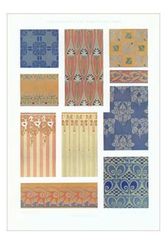 an assortment of different patterns in blue, orange and yellow colors on white paper with gold foil