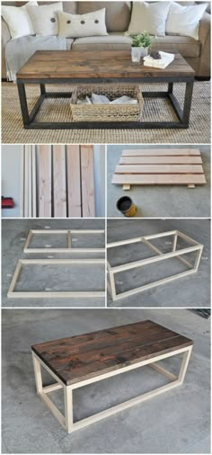 the coffee table is made out of wood and has metal frame, with different angles