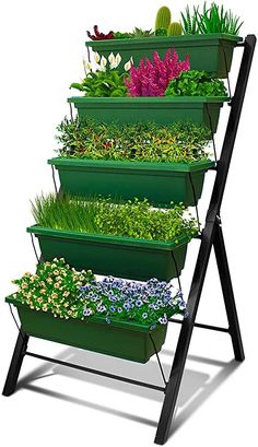 an image of a garden rack with plants growing in it's trays on the side