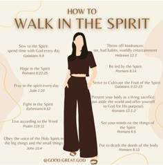 a woman in brown pants with the words how to walk in the spirit on it