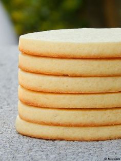 a stack of shortbread cookies sitting on top of a cement counter next to a plant