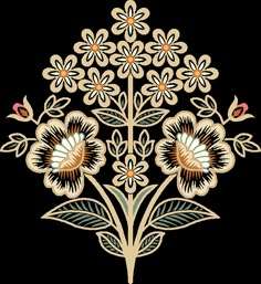 an ornate design with flowers and leaves on a black background