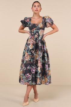 Adorable Tendencies Dark Grey Floral Puff Sleeve Midi Dress Winter Bridesmaid Dresses, Short Graduation Dresses, Casual Formal Dresses, Gathered Bodice, Puff Sleeve Midi Dress, Backless Maxi Dress, Lulu Fashion, Casual Wedding Dress, Backless Maxi Dresses