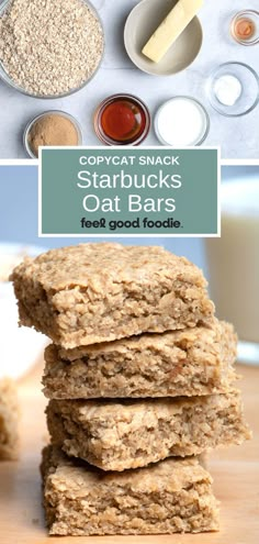 some oatmeal bars stacked on top of each other with the title overlay