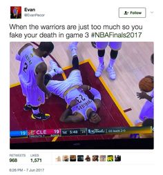 Twitter lit up with memes after the Warriors' stunning Game 3 victory over the Cavs in the NBA Finals. Photo: Screenshot Via Twitter Funny Basketball Memes, Basketball Compression Pants, Basketball Motivation, Nba Funny, Funny Sports Memes, Basketball Memes, Nba Memes, Warriors Game, Basketball Funny