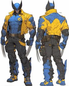 two renderings of wolverine in yellow and blue costumes