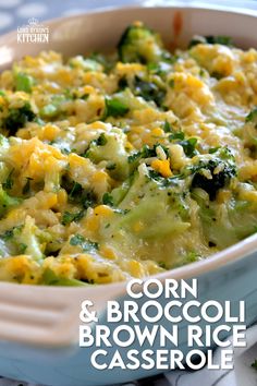 corn and broccoli brown rice casserole in a blue dish on a table