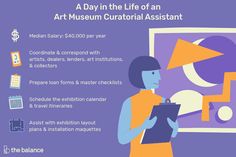 a woman standing in front of a purple background with information about art museum cultural assistant