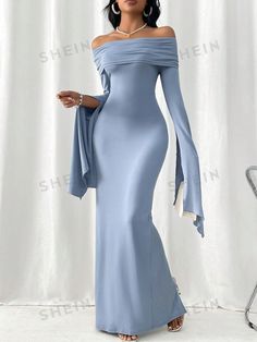 Teal Blue Party Collar Extra-Long Sleeve Fabric Plain Bodycon Embellished High Stretch  Women Clothing Bodycon Maxi Prom Dress, Formal Dresses Not Revealing, Off Shoulder Sleeve Dress, Dresses With Off The Shoulder Sleeves, Black Off The Shoulder Maxi Dress, Modest Sheath Dress, Long Hoco Dresses With Sleeves, Dark Blue Classy Dress, Winter Ball Dress With Sleeves