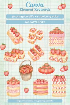 a poster with different cakes and strawberries on it