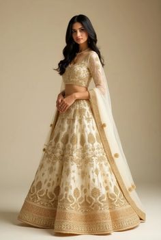 Indian Wedding Dress White And Gold, White And Gold Indian Dress, Gold Lehenga Designs, White Gold Lehenga, White And Gold Lehenga, White Indian Wedding Dress, Lehenga Gold, Lehenga White, Gold Lehenga