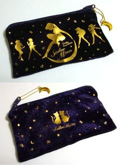 two purses with gold designs on them sitting next to each other in front of a white background