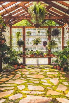 a room filled with lots of potted plants next to a wooden ceiling covered in windows