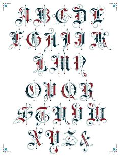 an old english alphabet with red, white and blue letters