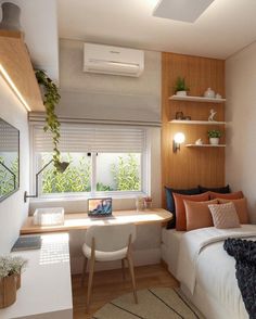 a bed room with a neatly made bed next to a desk and shelves on the wall