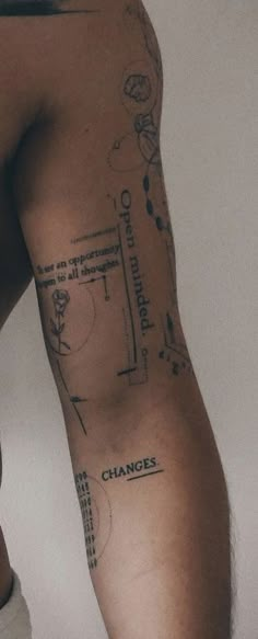 a man's arm with tattoos on it and the words changes written in black ink