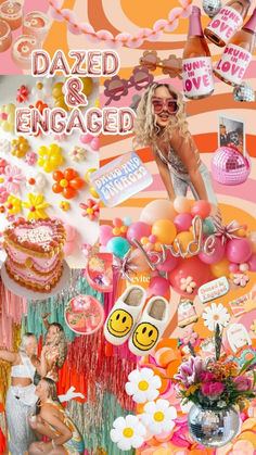 a collage of photos and images with the words dazed & engaged on them in pink, orange, yellow, and white