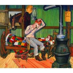 a painting of a man sitting on a bench in front of a wood burning stove