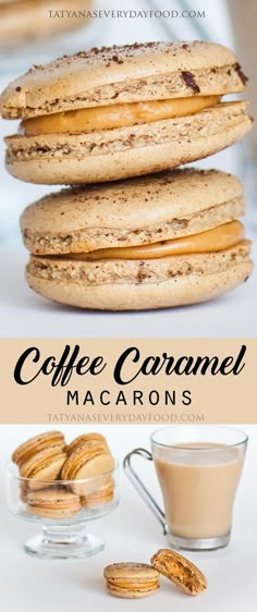 coffee caramel macaroons are stacked on top of each other and next to a glass of milk