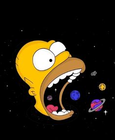 a cartoon character with its mouth open and planets in the sky behind him on a black background