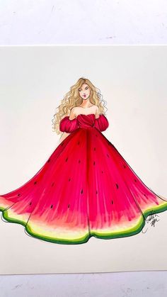 a drawing of a woman in a watermelon dress