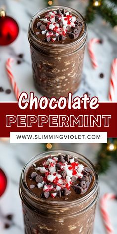 two jars filled with chocolate peppermint pudding