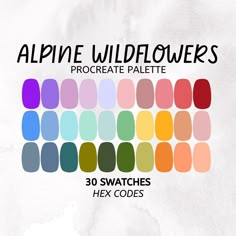 the color swatches for alpine wildflowers procreate palette are 30 swatches