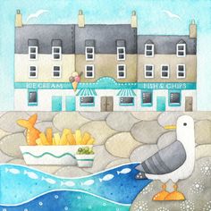 Anstruther Fish Bar and Seagull Watercolour Painting Print Seaside Illustration, Fish Bar, Whimsical Fish, Fish And Chip Shop, Shop Drawing