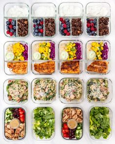 several plastic containers filled with different types of salads and meats on top of each other