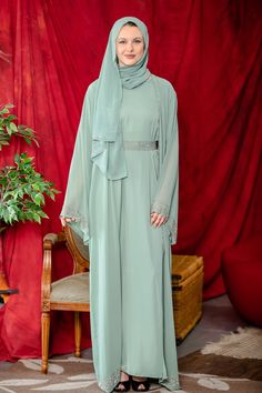 Sage Beaded Kimono Sleeves Abaya Elegant Abayas, Ceremonial Clothing, Open Abaya, Swimsuits Outfits, Lace Kimono, Kimono Sleeves, Modest Clothing, Abayas Fashion, Abaya Fashion