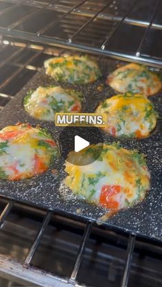 muffins cooking in an oven with the words muffins on top and bottom