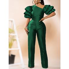 Season:Summer,Spring; Fabric:Polyester; Sleeve Length:Short Sleeve; Look After Me:Hand wash; Gender:Women's; Style:Formal,Elegant; Elasticity:Micro-elastic; Occasion:Prom,Wedding,Party,Going out; Fit Type:Regular Fit; Pattern:Solid Color; Design:High Waist; Neckline:V Neck; Sleeve Type:Puff Sleeve; Special Size:Normal; Jumpsuit Type:Jumpsuit; Front page:FF; Listing Date:03/17/2023; Production mode:External procurement; Bust:; Hips:; Length:; Waist: Classy Jumpsuit, Slim Jumpsuit, Jump Suits, Bodycon Jumpsuit, Fitted Jumpsuit, Jumpsuit Elegant, Green Jumpsuit, High Waist Dress, African Fashion Women