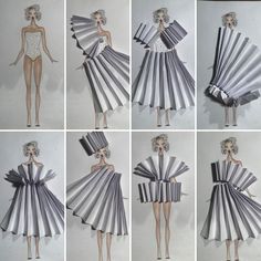 several pictures of different dresses made out of duct tape and folded in strips to look like an origami woman